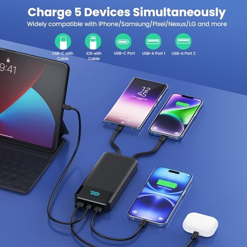 High-Capacity 40800 m Ah Portable Charger with Integrated Cables – Fast PD 25 W USB-C & QC4.0 Power Bank for i Phone 15/16 and Samsung – Smart LED Indicator, 5 Outputs for Multi-Device Charging – Ultimate Travel Companion for On-the-Go Power Solutions