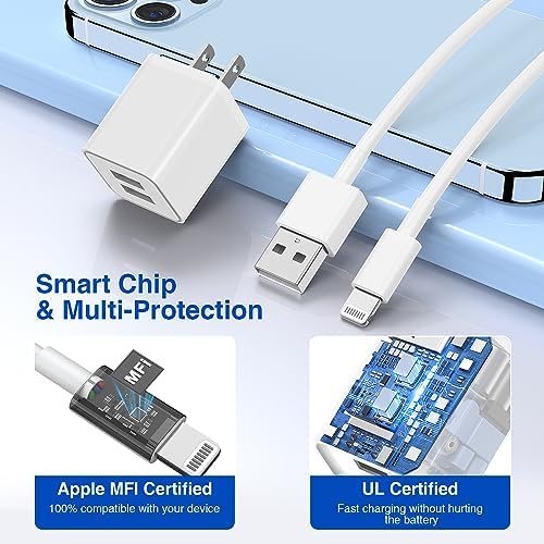 Ultra-Fast Dual Port USB Wall Charger with 10-Foot Lightning Cable – Apple MFi Certified i Phone Charging Solution, Perfect for i Phone 12/11/XR/Xs/8/7/6/SE/i Pad – Compact & Efficient Power Delivery for Home and Travel