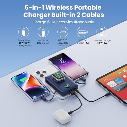 Magnetic Portable Charger 10800 m Ah – 6-in-1 Wireless Power Bank with Built-in Cables for i Phone & Apple Watch – 20 W PD Fast Charging Battery Pack in Stylish Blue – Ultimate On-the-Go Charging Solution with Enhanced Compatibility and Secure Magnetic Connection