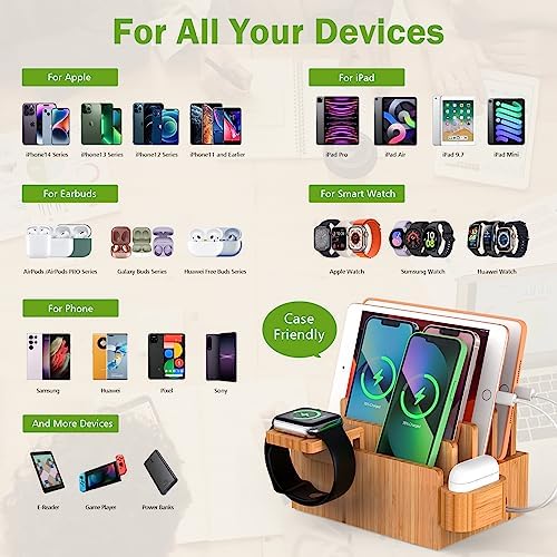 Eco-Friendly Bamboo 5-Port USB Charging Station: Versatile Multi-Device Organizer with Smartwatch and Earbuds Stand for Efficient Power Management – Perfect for Home and Office Use