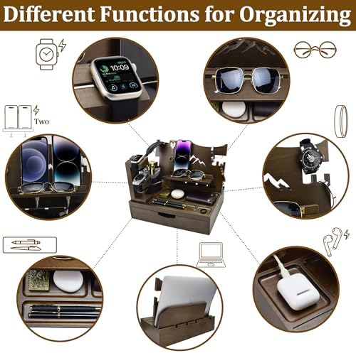 Nightstand Organizer for Men with Large Drawer, Birthday Gifts for Men, Phone Docking Station, Bedside Organizer for Nightstand for Apple Watch, Laptop (Brown, Solid Wood) – Enhanced Compatibility and Speed