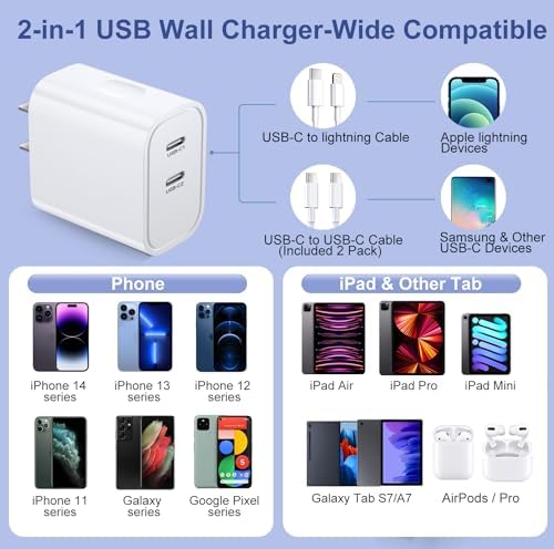 Costyle i Phone 15 & 16 Dual USB-C Charger Block – 20 W Fast Charging Wall Plug with 2 x 6 FT Type-C Cables for Maximum Compatibility – Efficient Power Adapter for i Phone 15 Pro Max & i Pad Pro – Compact Design for On-the-Go Charging Solutions