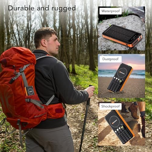Ultimate Portable Solar Power Bank with Integrated Charging Cables – 10,000 m Ah Waterproof Battery Pack for Phones Featuring USB, Micro USB, Lightning, Type-C, and Wireless Charging – Perfect for Outdoor Adventures and Daily Use (Black Blue)
