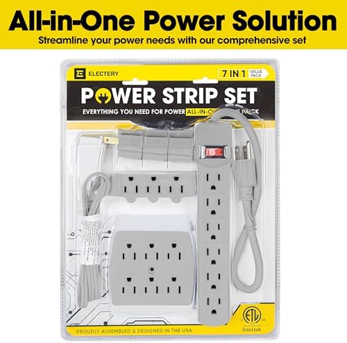 Comprehensive 7-Piece Multi-Outlet Power Management Kit – Versatile 6 Outlet Power Strip, Dual Outlet Extenders, 5 Ft Indoor Extension Cord & 3 Prong Adapters for Enhanced Compatibility – Essential Home & Office Surge Protection Solution in Sleek White Design