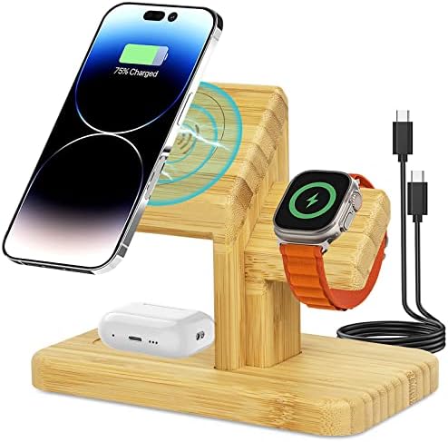 Versatile 3-in-1 Bamboo Wireless Charging Station for Apple Devices – Fast 20 W Magnetic Charger for i Phone 15/14/13/12 Pro/Max/Plus, Apple Watch 8/7/6/SE/5/4/3/2, and Air Pods 3/2/Pro – Eco-Friendly Design Enhances Your Tech Aesthetic and Maximizes Efficiency