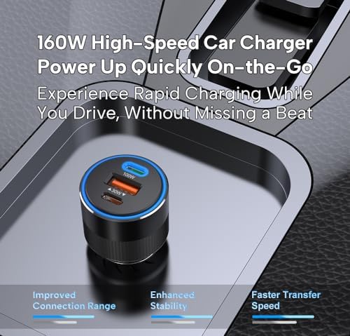 160 W Multiport Car Charger with 100 W E-Mark Cable – Super Fast Charging for i Phone 16/15/14/13, Samsung S25/S24/S23, i Pad, Mac Book & More – Ultimate Compatibility and Efficiency for On-the-Go Power Needs