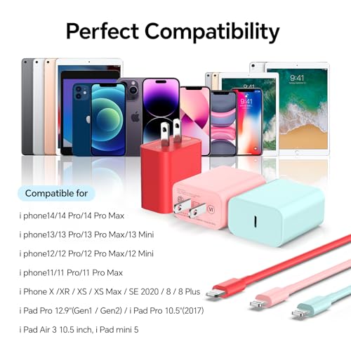 Rapid 20 W PD USB-C Wall Charger with Dual 6 FT Type C to Lightning Cables – Fast Charging Solution for i Phone 14/13/12 Pro Max, 11, XS, XR, X, 8 & Plus – Enhanced Speed and Durability for Everyday Use and Travel – MFi Certified Accessories for Reliable Performance