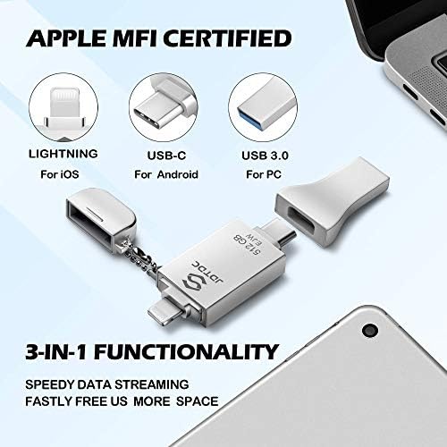 Revolutionize Your Data Management with the 128 GB JSL JDTDC MFi Certified i Phone Photo Stick – Versatile 3-in-1 USB Flash Drive for i Phone, i Pad, Android & PC with Lightning, USB-C & USB-A Connections – High-Speed, Compact Memory Solution for Effortless Backup and Seamless File Transfer