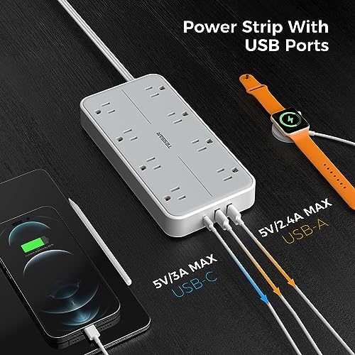 TESSAN 8-Outlet Surge Protector Power Strip with 3 USB Ports (1 USB-C) – 1080 Joules of Safety, Wall-Mountable Extension Cord for Home, Office, and Dorm – Ultimate Charging Hub for Multiple Devices and Enhanced Protection