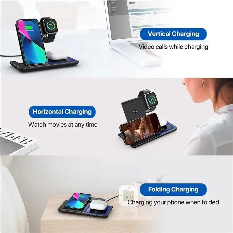 Ultimate 3-in-1 Foldable Wireless Charging Dock for Apple Devices with Built-In LED Night Light – Fast, Compact, and Stylish Charger for i Phone, Apple Watch, and Air Pods – Perfect for Home and Travel – Sleek White Finish for Modern Aesthetics and Organized Spaces