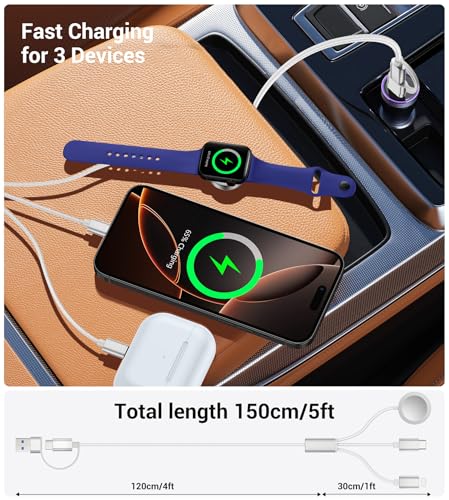 Temdan 2-Pack 5 ft 3-in-1 Charging Cable for Apple Devices – Ultimate Travel Solution with USB A, Type C & Lightning Connectors for i Phone 12-16, i Pad, and Apple Watch Ultra & SE – Durable, Versatile, and Hassle-Free Power Anywhere