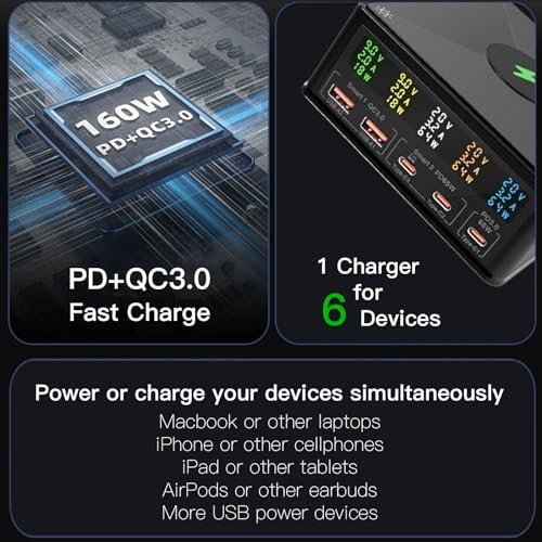 160 W Multi-Port USB Charging Station with Wireless Pad & Real-Time Digital Monitor – Advanced PD 3.0 Fast Charging Hub for Home and Office Efficiency – Elevate Your Device Power Management with Sleek Design and Versatile Compatibility