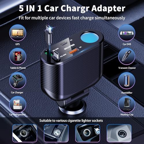 OHLPRO 168 W Retractable Car Charger Adapter – 5-in-1 Fast Charging Solution with Universal USB-C & USB i Ports, Built-in Replaceable Fuse for Enhanced Safety, Ideal for Smartphones, Tablets, GPS & More – Compact Design for Effortless Storage and Convenience