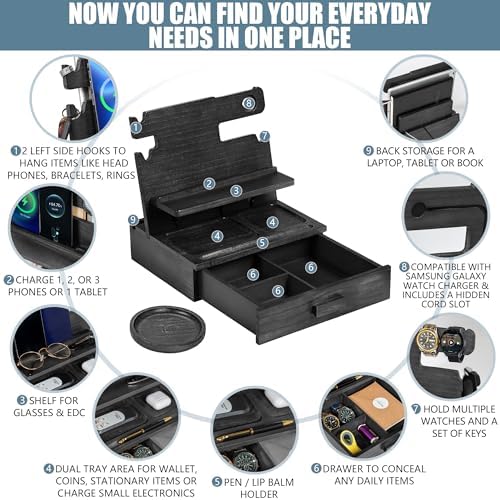 Premium Black Wood Multi-Device Docking Station – Sleek Nightstand Organizer with Hidden Drawer for Valuables, Ideal for Phones, Tablets, Apple Watch, Keys, and EDC Essentials – Streamlined Charging and Elegant Design for Home or Office
