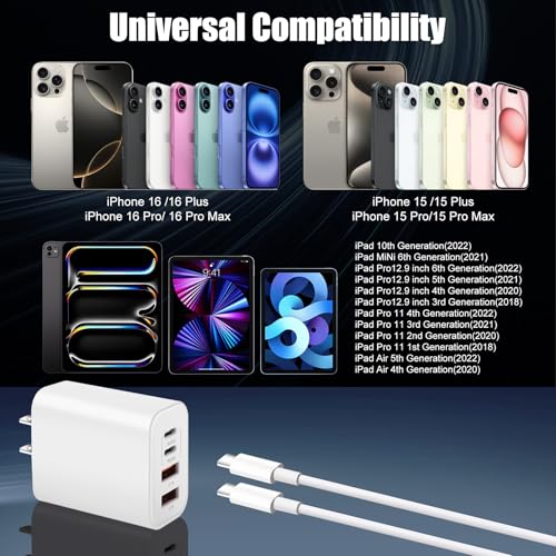 Ultra-Fast 4-Port USB C Wall Charger for i Phone 15 – 40 W Multi-Device Power Hub with Two 10 FT USB C to C Cables – Compact & Portable Design for Effortless On-the-Go Charging – Perfect Compatibility with i Phone 15 Series, i Pad Pro, and More – Reliable Safety Features for Optimal Device Protection