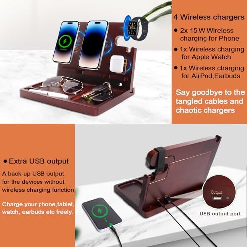 Eco-Friendly Wood Phone Docking Station with Dual 27 W Fast Charging for i Phone, Samsung, Apple Watch & Air Pods – Stylish Nightstand Organizer and Ideal Gift for Men and Women on Birthdays or Anniversaries