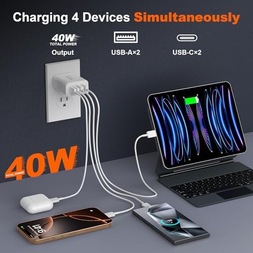 Ultimate 40 W Multiport USB-C Fast Charger – High-Efficiency 4-Port Power Adapter with Quick Charge 3.0 & Power Delivery for Super-Fast Device Charging – Sleek, Portable Design Perfect for Travel – Convenient 2-Pack for Enhanced Versatility and Easy Charging on the Go