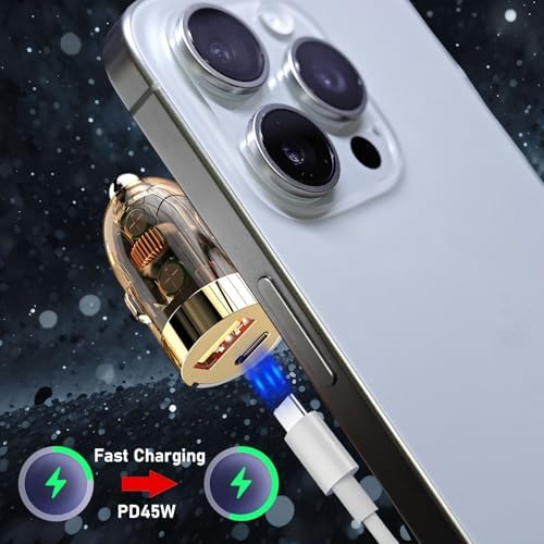 Rapid Charge Dual-Port USB Car Charger Adapter – PD45 W & QC3.0 for i Phone 16 Pro Max, i Pad, Samsung – Sleek Golden-Transparent Design for Ultimate Compatibility – Smart Circuitry Protection for Safe, Efficient Power on the Go – Compact & Lightweight Automotive Accessory for Road Trips and Daily Commutes