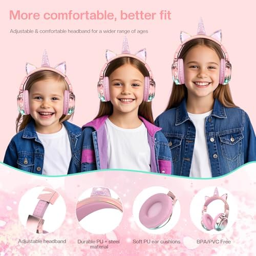 Elevate Your Child’s Listening Experience with Qear Fun Purple Cat Ear Bluetooth Headphones – 60 Hours of Playtime, Safe Volume Control (74/85/94 d B), Ultra-Portable Foldable Design, Advanced Bluetooth 5.3 Connectivity, and Built-in Mic for Girls – Perfect for School, Travel, and On-the-Go Fun