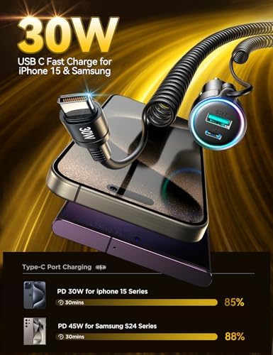 Dual 60 W Fast Car Charger USB-C with 30 W Coiled Cable – Ultimate Charging Solution for i Phone 15/16 Pro Max, Samsung S24/S23, and Android Devices – Rapid PD & QC3.0 Technology for Uninterrupted Power on the Go