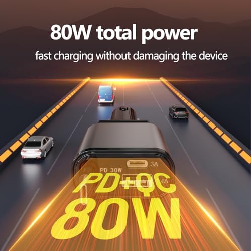 Ultra-Compact 80 W Retractable Car Charger with Built-In USB-C Cable – Fast Charging Adapter for i Phone 16/15, i Pad, Galaxy Devices, and Air Pods – Effortless Multi-Device Compatibility and Tangle-Free Storage for Road Trips and Daily Commutes