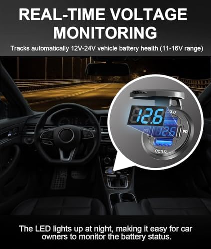 Powerful 78 W Quad-Port 12 V USB Charging Hub – Dual QC3.0 & PD3.0 Quick Charge Car Charger with Integrated Voltmeter, Waterproof Aluminum Alloy Design for Cars, Boats, RVs, ATVs, and More – Optimal Device Compatibility and Speed Enhancements