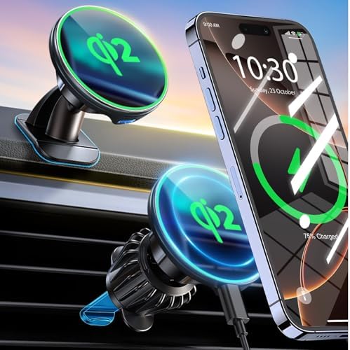 Revolutionary Qi2 Mag Safe Car Mount for i Phone 16 Pro Max – 2-in-1 Dashboard & Air Vent Holder with Strong Adhesive, Heat-Resistant Design, 360° Rotational Capability & Magnetic Convenience for Enhanced Driving Safety and Seamless Access to Navigation & Music