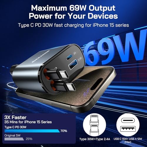 Dual-Output 69 W Retractable Car Charger Set – 4-in-1 Fast Charging Adapter with Type C and Lightning Cables for i Phone 12-16 & Samsung S23/S24 – Compact Design for Seamless Multi-Device Power on the Go