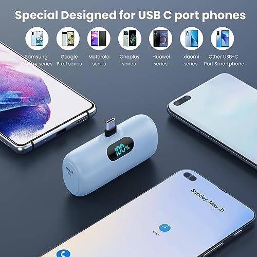 Dual-Pack Mini Portable Charger 5000 m Ah Power Bank – Fast Charging with 3 A PD USB-C Output, LCD Display for Real-Time Battery Monitoring, Compatible with i Phone 16/15 Series, Android, Samsung, Moto, LG – Ultimate On-the-Go Power Solution