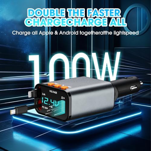 Revamp Your Drive with the 5-in-1 Retractable Car Charger: 60 W Fast Charging, Bluetooth 5.3 FM Transmitter, Hands-Free Calling & Integrated MP3 Player – Dual Retractable Cables & USB Ports for Ultimate Connectivity (Purple) – Elevate Your Mobile Experience on the Go!