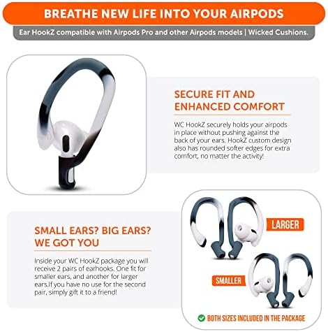 Patented WC Hook Z – Upgraded Over-Ear Hooks for Air Pods Pro 1, 2 & Air Pods 1, 2, 3 | Secure Fit Earbud Accessories with Unique Left & Right Design | Two Size Pairs Included | Winter White | Premium Quality by Wicked Cushions for Maximum Comfort and Stability