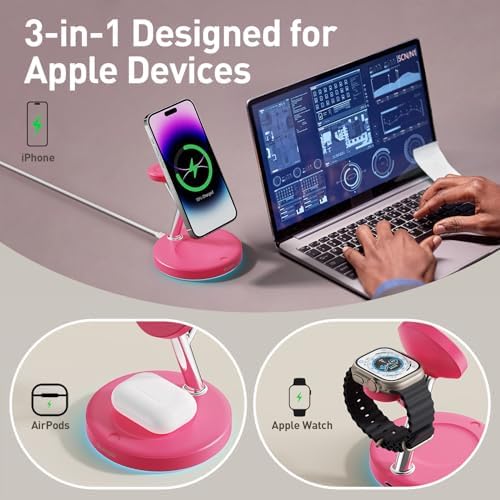 2025 Premium 3-in-1 Wireless Charging Station for i Phone 16, 15, 14, 13, 12 – Mag-Safe Compatible Charger Stand for Air Pods and i Watch – Fast, Efficient Power Hub with Sleek Design and Overcharge Protection for Home or Travel