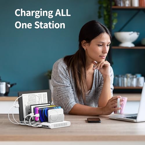 Unitek 10-Port USB Charging Station – High-Speed Multi-Device Charger with Smart IC Technology, Adjustable Dividers for i Pad, i Phone, Tablet & Kindle – Sleek White Design for Organized Charging in Homes & Offices
