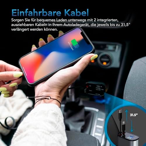 Auto Sky 4-in-1 Retractable Fast Charger for Cars – 100 W High-Speed USB-C & USB-A Charging Cable Compatible with i Phone, Galaxy, Pixel & More – Ultimate Travel Accessory with Smart Design and Safety Features