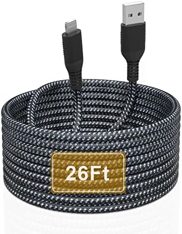 Extra Long 26 FT Lightning Cable for i Phone – Apple MFi Certified Nylon Braided Fast Charger Cord with 2.4 A Output for i Phone 13, 12, 11 Pro, X, XS Max, XR, 8 Plus, 7 Plus, 6 s Plus, 5 s – Ultimate Durability and Flexibility for Home, Office, and Travel Charging