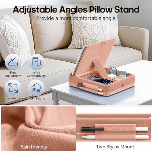KDD Multifunctional Tablet Pillow Stand – Adjustable Foldable i Pad Holder for Bed, Lap, and Desk with Soft Pad Dock and Stylus Storage – Compatible with i Pad Pro (12.9, 10.5, 11), Air, Mini, Phones, and Books – Ultimate Comfort and Versatility for Hands-Free Use