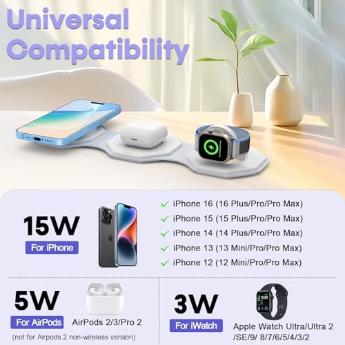 Ultimate 3-in-1 Foldable Travel Wireless Charger for i Phone & Apple Devices – Fast Magnetic Charging Station for i Phone 16/15/14/13/12, Apple Watch, and Air Pods – Eco-Friendly Design for Home, Office, and On-the-Go Convenience – Enhanced Compatibility & Speed