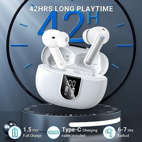 Elevate Your Audio Experience with Aoslen Wireless Earbuds – 2024 Hi-Fi Stereo Headphones Featuring 4 ENC Noise-Canceling Microphones, 42-Hour Playtime & Bluetooth 5.3 Connectivity – Perfect for Android & i OS Users, Sleek Design with LED Power Display for Ultimate Convenience