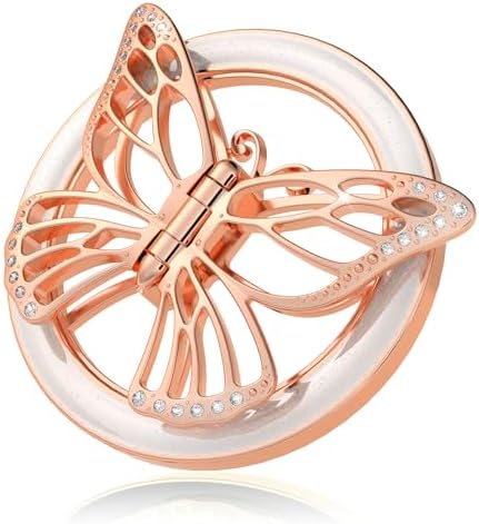 Transform Your Mobile Experience with the Chic Magnetic Phone Grip for Mag Safe – Stylish Butterfly Design in Rose Gold and White, Featuring Versatile Kickstand and Universal Adapter Ring for Enhanced Functionality and Secure Hold