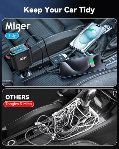 Miger 4-in-1 Retractable Car Charger – 100 W Fast Charging USB-C Adapter with Dual USB Ports for i Phone 16/15/14/13/12/11 & Galaxy Devices – Tangle-Free Design for Ultimate Convenience and Enhanced Compatibility