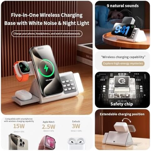 Multifunctional 3-in-1 Wireless Charging Station with White Noise Machine, Adjustable Night Lights & Auto-Off Timer – Ideal for Charging Multiple Devices, Enhancing Relaxation, and Reducing Clutter in Home or Office Spaces