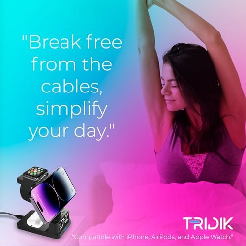 TRIDIK 4-in-1 Wireless Charging Station with Digital Clock & Alarm – 15 W Fast Charger for i Phone, Apple Watch & Air Pods – Includes 20 W Adapter – Ultimate Dock for Enhanced Compatibility & Sleek Design