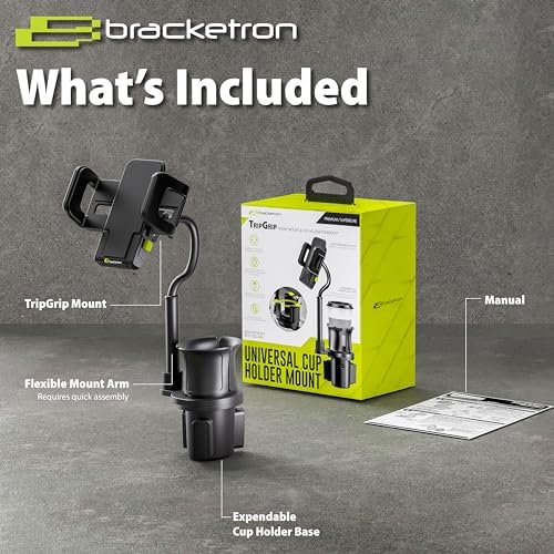Bracketron Trip Grip Series Adjustable Car Cup Holder Phone Mount – Universal Smartphone Holder for Safe and Convenient Driving Navigation with 360-Degree Rotation and Tool-Free Installation