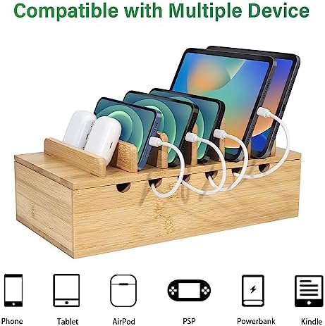 Eco-Friendly Bamboo Multi-Device Charging Station – Stylish Desk Organizer with 6 Premium Cables for i Phone & More – Efficient Quick Charge Hub for a Clutter-Free Workspace