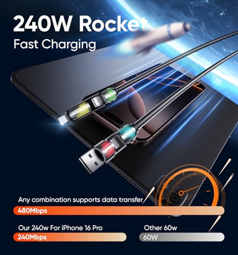 MAGIC JOHN 240W 4 in 1 Charging Cable, 4FT USB C to Lightning Cable [MFi Certified], Multi Chargers for All Devices, Chubby USB A/C to C/Lightning with Light for iPhone/MacBook/iPad/Samsung/Switch 2 – Enhanced Compatibility and Speed