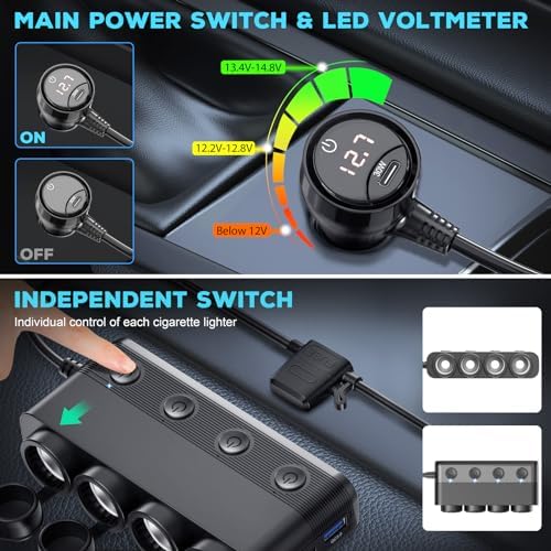Power Up Your Journey: 300 W 4-Socket Cigarette Lighter Splitter Car Charger with Dual PD 36 W and QC3.0 USB-C Ports, Independent Switches, Dust Cover, and Voltmeter for Fast Charging of All Devices – Perfect for Road Trips and Daily Commutes