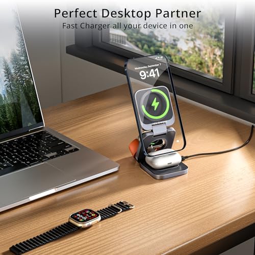 LULULOOK 3-in-1 Magnetic Wireless Charging Station – 15 W Fast Charger for i Phone 16/15/14 Series, 5 W Apple Watch Dock, and Air Pods Compatible with USB-C Cable – Sleek Aluminum Design for Enhanced Efficiency and Universal Device Compatibility
