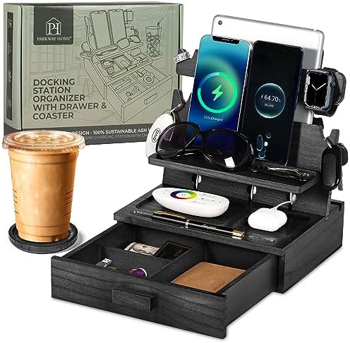 Wood Phone Docking Station for up to 3 Phones – Nightstand Organizer for Men & Women Holds Phones, Tablets, Keys, Rings, Glasses, Watches, EDC & More – with Special Drawer for Valuables – Enhanced Compatibility and Speed