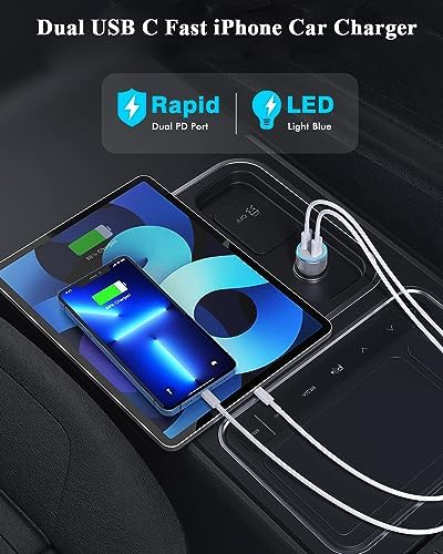 High-Performance i Phone Car Charger – Dual-Port 38 W USB-C & QC3.0 Fast Charging Adapter with 2 Lightning Cables, MFi Certified for i Phone 14, 13 Pro Max, 12, 11, X – Sleek Grey Design for Enhanced Compatibility and Efficiency on the Road