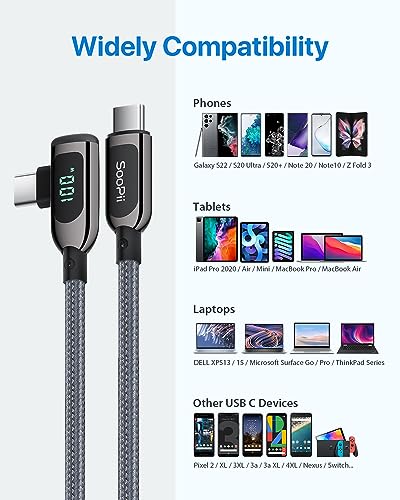 SOOPII 100 W Fast Charging Right Angle USB C to USB C Cable – 6.6 FT Zinc Alloy Braided with LED Display for Enhanced Performance, Compatible with i Phone 16/15, i Pad Air/Pro, Mac Book Pro, Samsung Galaxy S23/S22/S10, Google Pixel & LG Smartphones – Ideal for Gaming & Multitasking